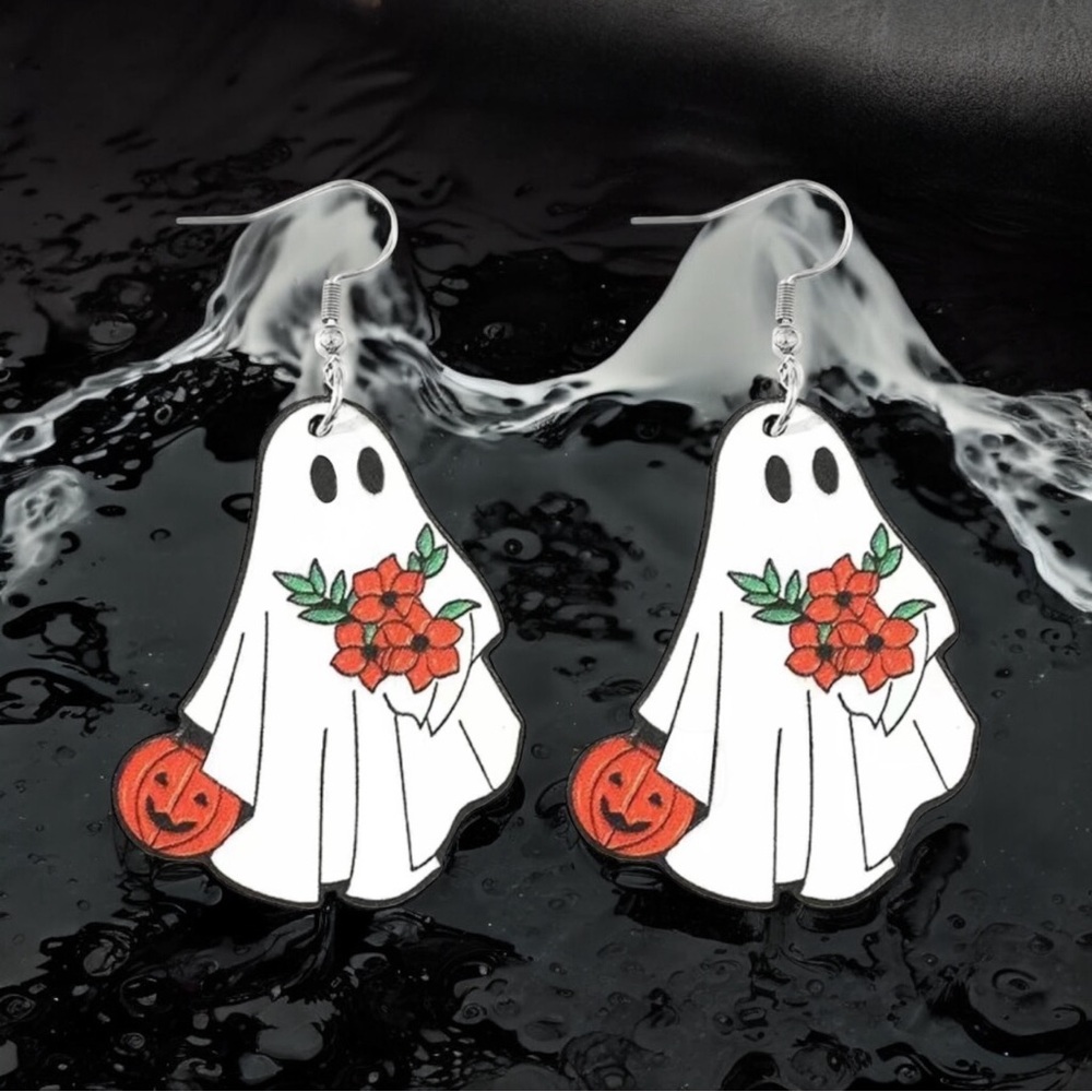 White Ghost Pumpkin Pattern Dangle Earrings Retro Cute Style Wooden Jewe…‎